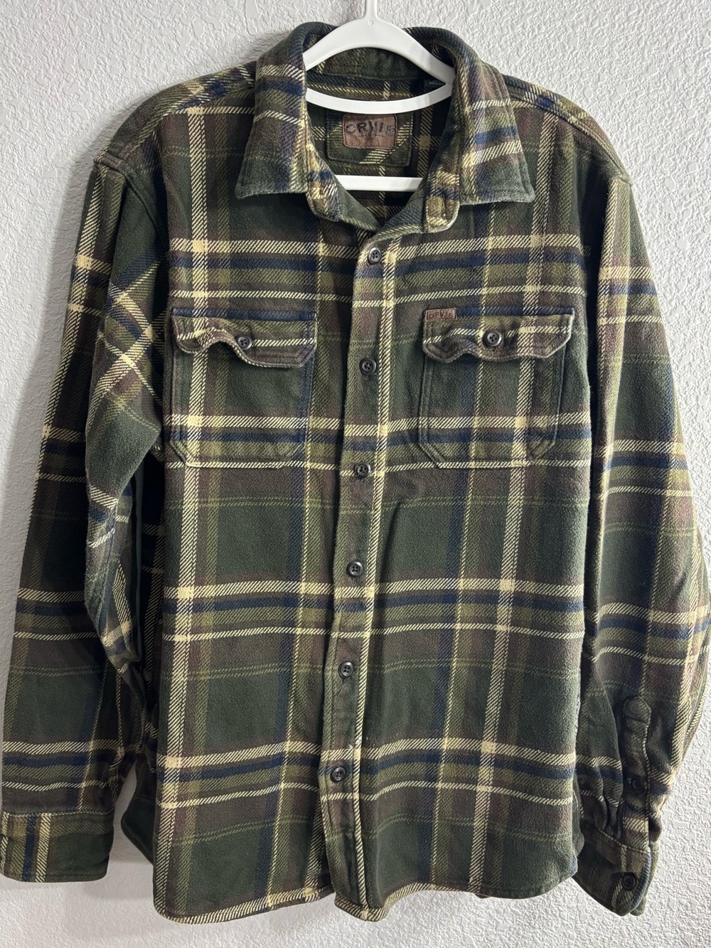 Orvis Olive Green Plaid Flannel Shirt Jacket Outdoor Men size M